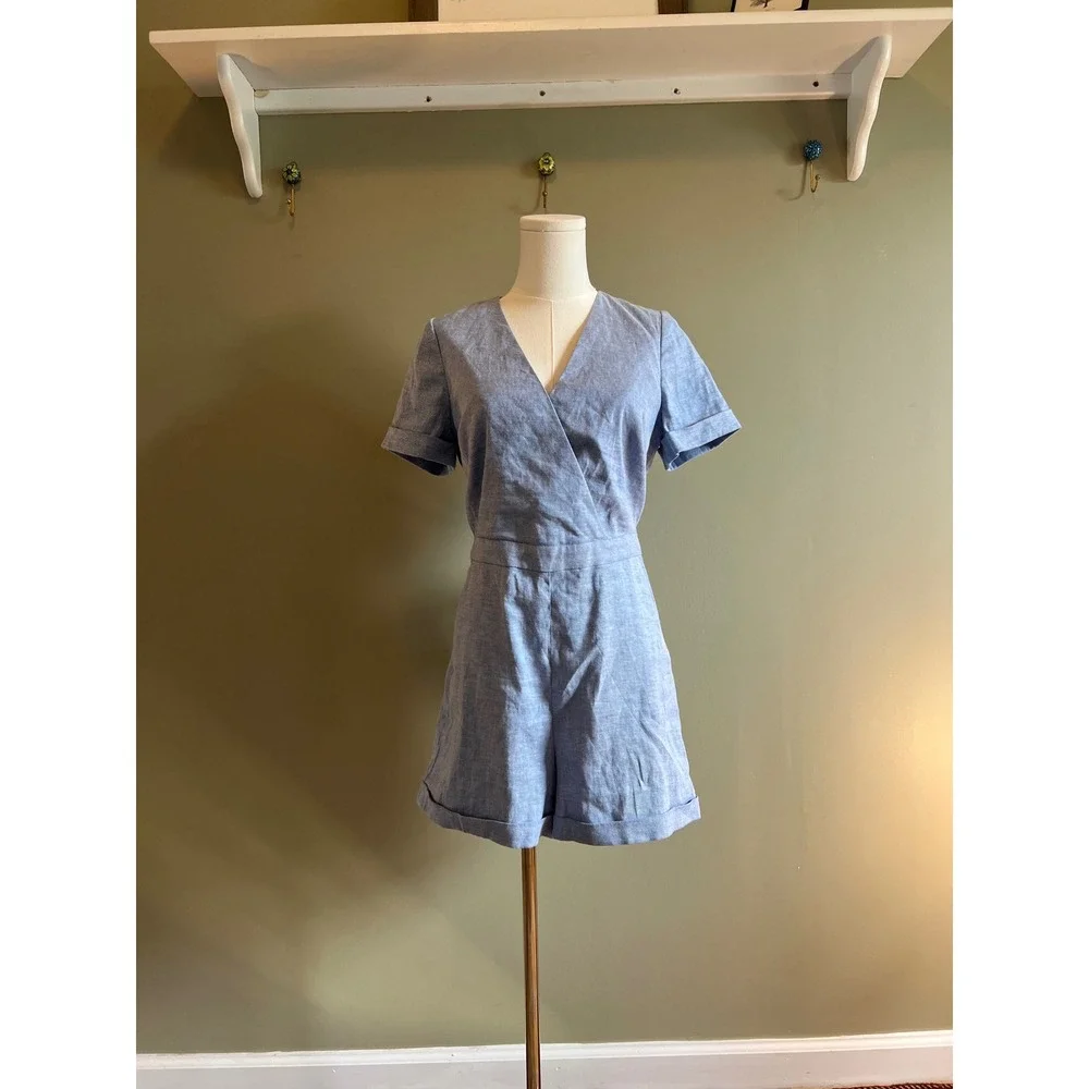 Banana Republic Womens Blue Linen Blend Chambray Wrap Romper Size 4 Short Sleeve